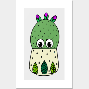 Cute Cactus Design #352: Prickly Pear Cactus In Leafy Pot Posters and Art